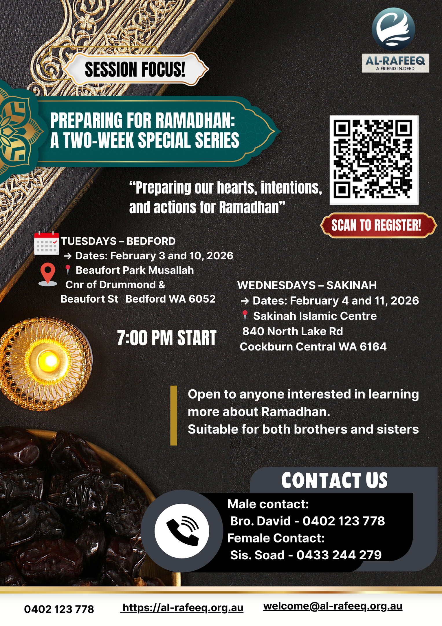 Flyer for Journey Through Surah Yā-Sīn — 6-week Qur’an course, 7 PM start. Tuesdays at Bedford (from 4 Nov) and Wednesdays at Sakinah (from 5 Nov). Open to reverts, males and females. Register via QR code or al-rafeeq.org.au.