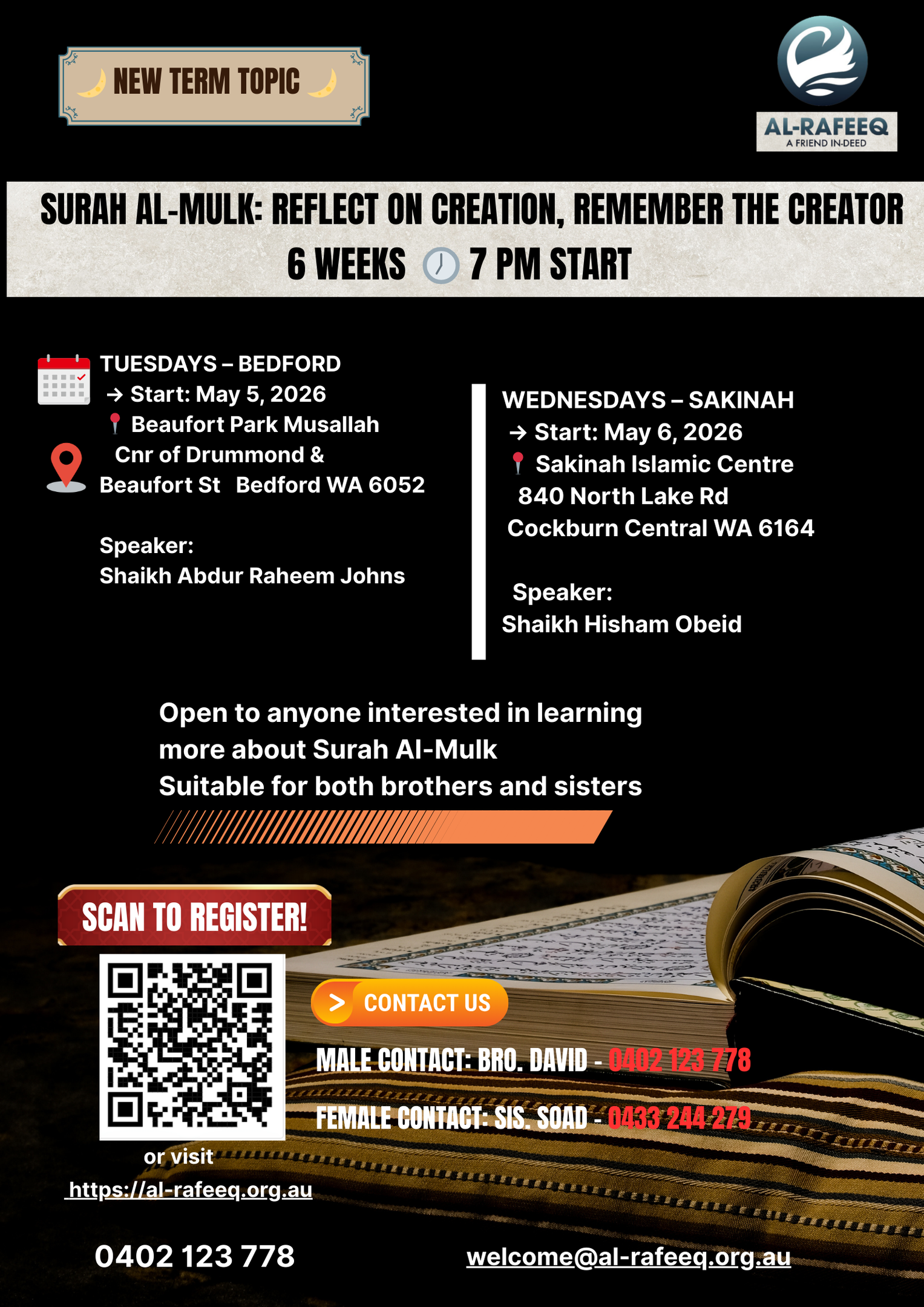 Flyer for Journey Through Surah Yā-Sīn — 6-week Qur’an course, 7 PM start. Tuesdays at Bedford (from 4 Nov) and Wednesdays at Sakinah (from 5 Nov). Open to reverts, males and females. Register via QR code or al-rafeeq.org.au.